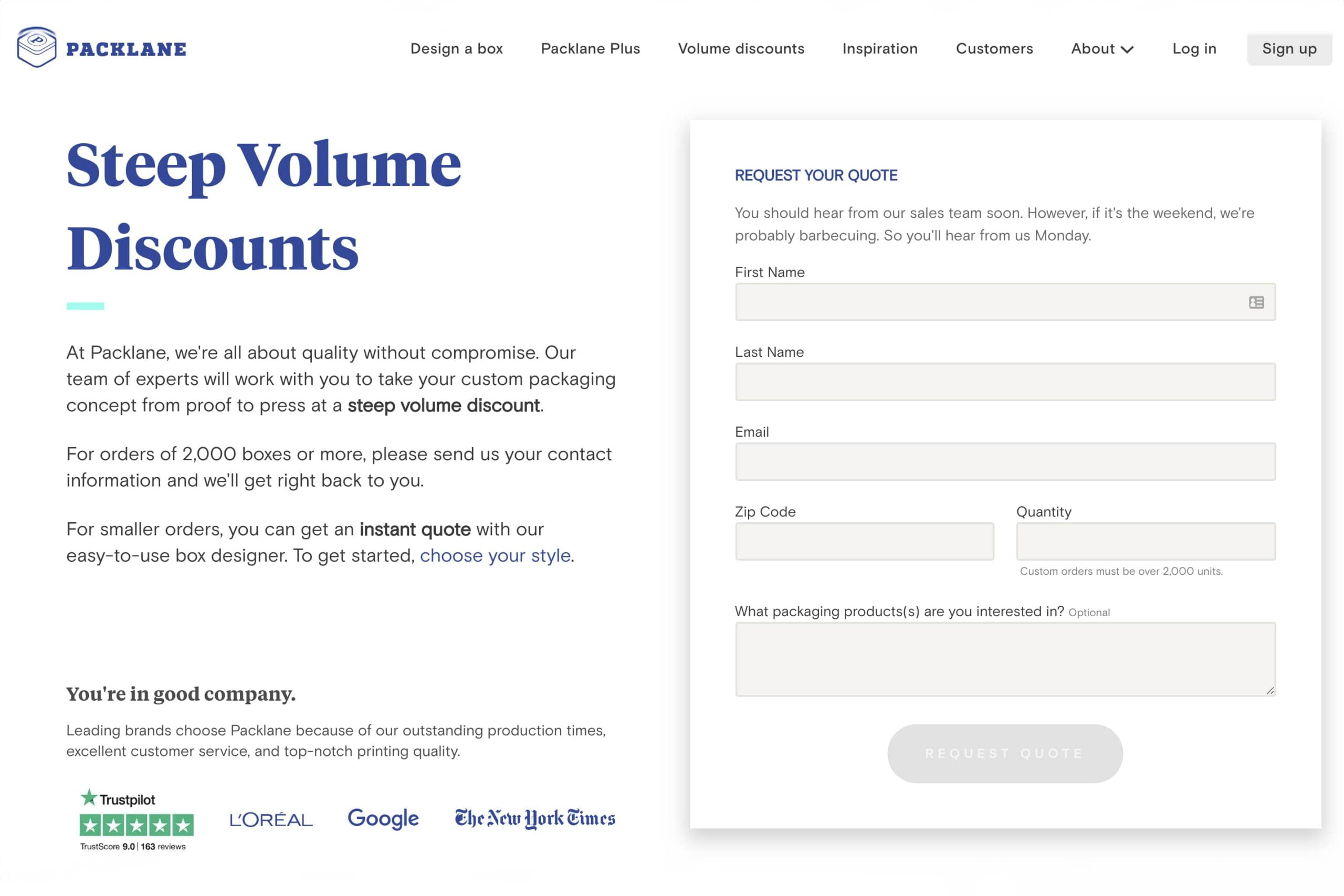 Screenshot of web copy for Packlane about Steep Volume Discounts